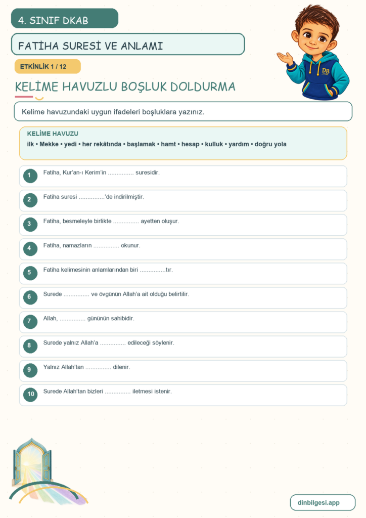 4. Sınıf Din Kültürü – 3. Ünite Güzel Ahlak – 3. Konu Bir Sure Tanıyorum: Fatiha Suresi ve Anlamı Konu Özeti ve Etkinlik 1