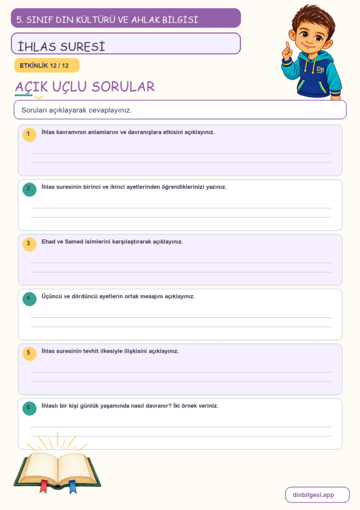 5. Sınıf Din Kültürü ve Ahlak Bilgisi – 1. Ünite Allah İnancı – 4. Konu Bir Sure Öğreniyorum: İhlas Suresi Konu Özeti ve Etkinlik 12
