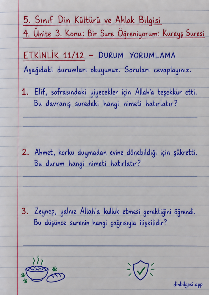 5. Sınıf Din Kültürü ve Ahlak Bilgisi – 4. Ünite Peygamber Kıssaları – 3. Konu Bir Sure Öğreniyorum: Kureyş Suresi – Etkinlik 11: Durum Yorumlama