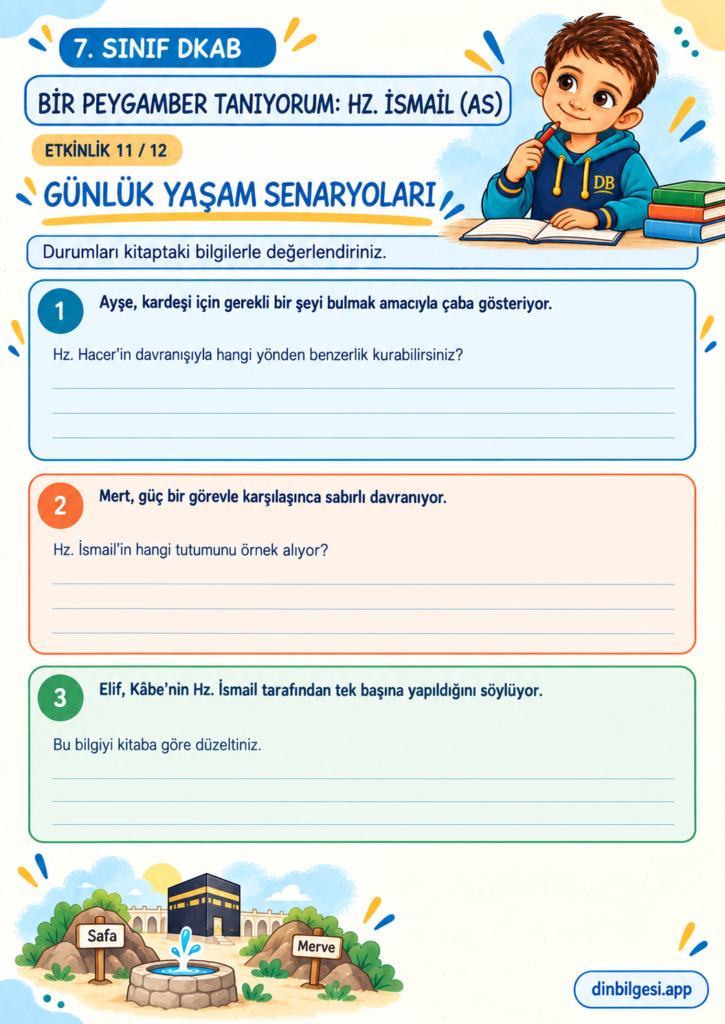 7. Sınıf Din Kültürü – 2. Ünite Hac ve Kurban – 5. Konu Bir Peygamber Tanıyorum: Hz. İsmail (as) – Etkinlik 11: Günlük Yaşam Senaryoları