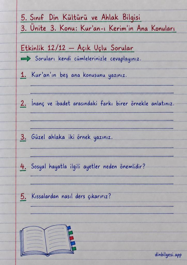 5. Sınıf Din Kültürü ve Ahlak Bilgisi – 3. Ünite Kur’an-ı Kerim – 3. Konu Kur’an-ı Kerim’in Ana Konuları – Etkinlik 12: Açık Uçlu Sorular