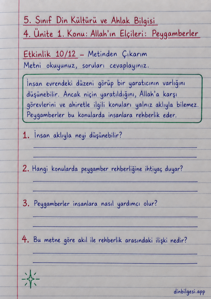 5. Sınıf Din Kültürü ve Ahlak Bilgisi – 4. Ünite Peygamber Kıssaları – 1. Konu Allah’ın Elçileri: Peygamberler – Etkinlik 10: Metinden Çıkarım