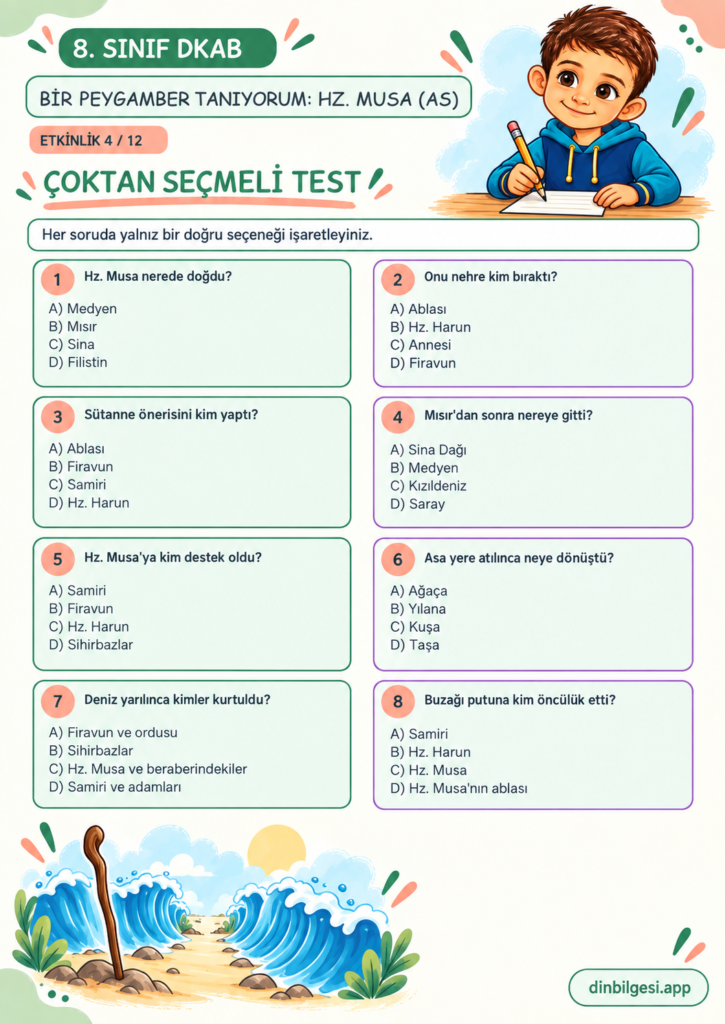 8. Sınıf Din Kültürü – 1. Ünite Kader İnancı – 4. Konu Bir Peygamber Tanıyorum: Hz. Musa (as) – Etkinlik 04: Çoktan Seçmeli Test