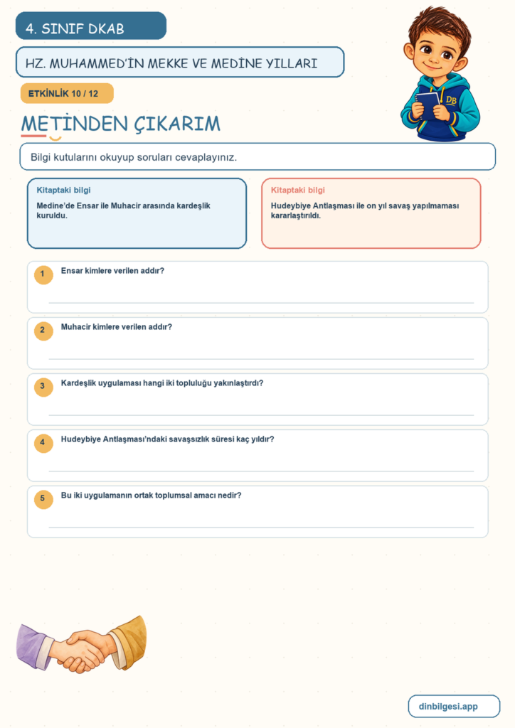 4. Sınıf Din Kültürü – 4. Ünite Hz. Muhammed’i Tanıyalım – 4. Konu Hz. Muhammed’in (sav) Mekke ve Medine Yılları Konu Özeti ve Etkinlik 10
