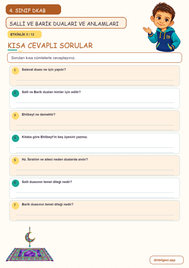 4. Sınıf Din Kültürü – 4. Ünite Hz. Muhammed’i Tanıyalım – 5. Konu Bir Dua Tanıyorum: Salli ve Barik Duaları ve Anlamları Konu Özeti ve Etkinlik 5