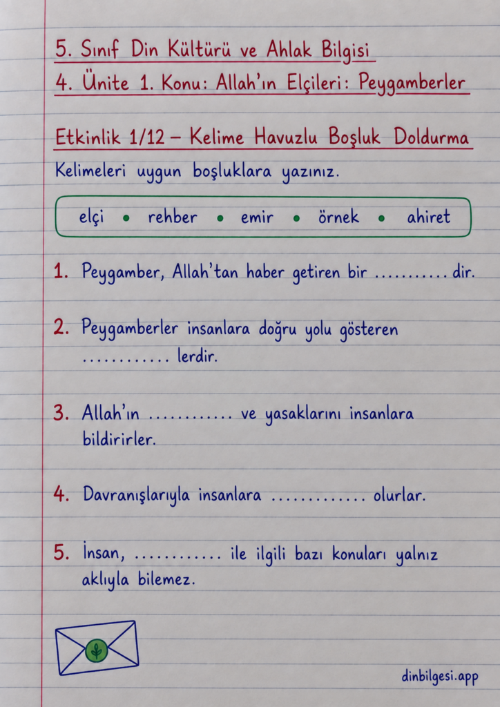 5. Sınıf Din Kültürü ve Ahlak Bilgisi – 4. Ünite Peygamber Kıssaları – 1. Konu Allah’ın Elçileri: Peygamberler – Etkinlik 1: Kelime Havuzlu Boşluk Doldurma