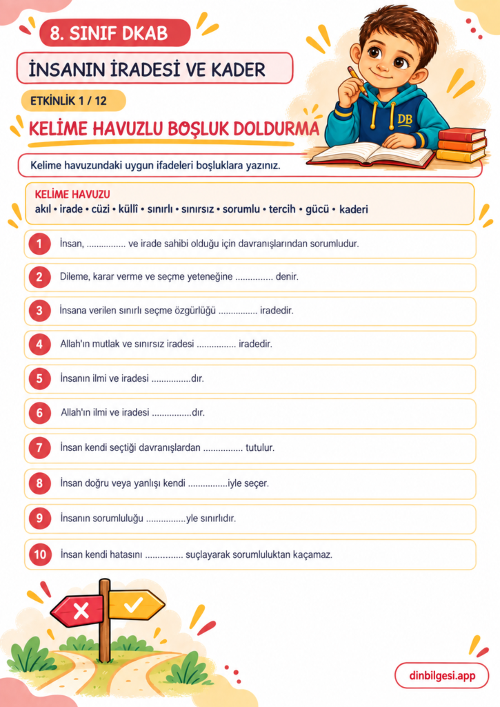 8. Sınıf Din Kültürü – 1. Ünite Kader İnancı – 2. Konu İnsanın İradesi ve Kader – Etkinlik 01: Kelime Havuzlu Boşluk Doldurma