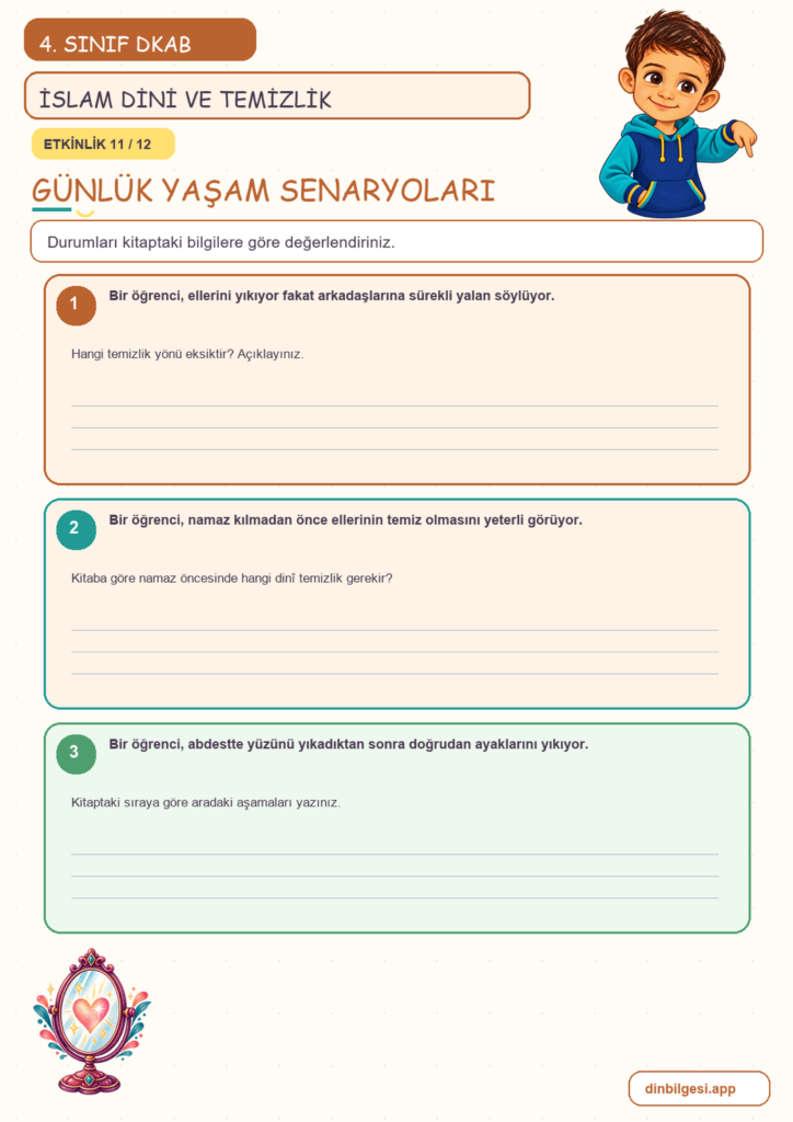 4. Sınıf Din Kültürü – 5. Ünite Din ve Temizlik – 1. Konu İslam Dini ve Temizlik Konu Özeti ve Etkinlik 11