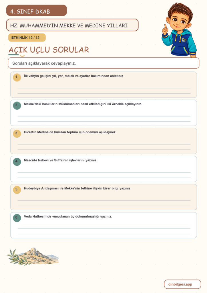 4. Sınıf Din Kültürü – 4. Ünite Hz. Muhammed’i Tanıyalım – 4. Konu Hz. Muhammed’in (sav) Mekke ve Medine Yılları Konu Özeti ve Etkinlik 12