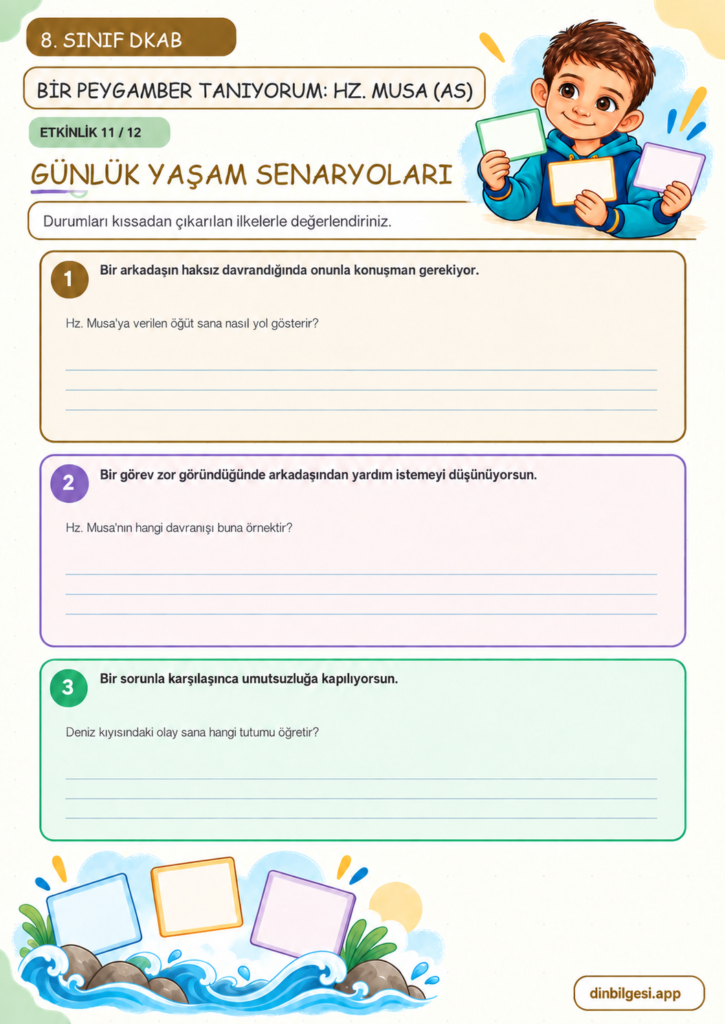 8. Sınıf Din Kültürü – 1. Ünite Kader İnancı – 4. Konu Bir Peygamber Tanıyorum: Hz. Musa (as) – Etkinlik 11: Günlük Yaşam Senaryoları