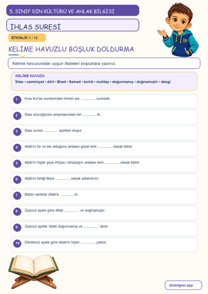 5. Sınıf Din Kültürü ve Ahlak Bilgisi – 1. Ünite Allah İnancı – 4. Konu Bir Sure Öğreniyorum: İhlas Suresi Konu Özeti ve Etkinlik 1