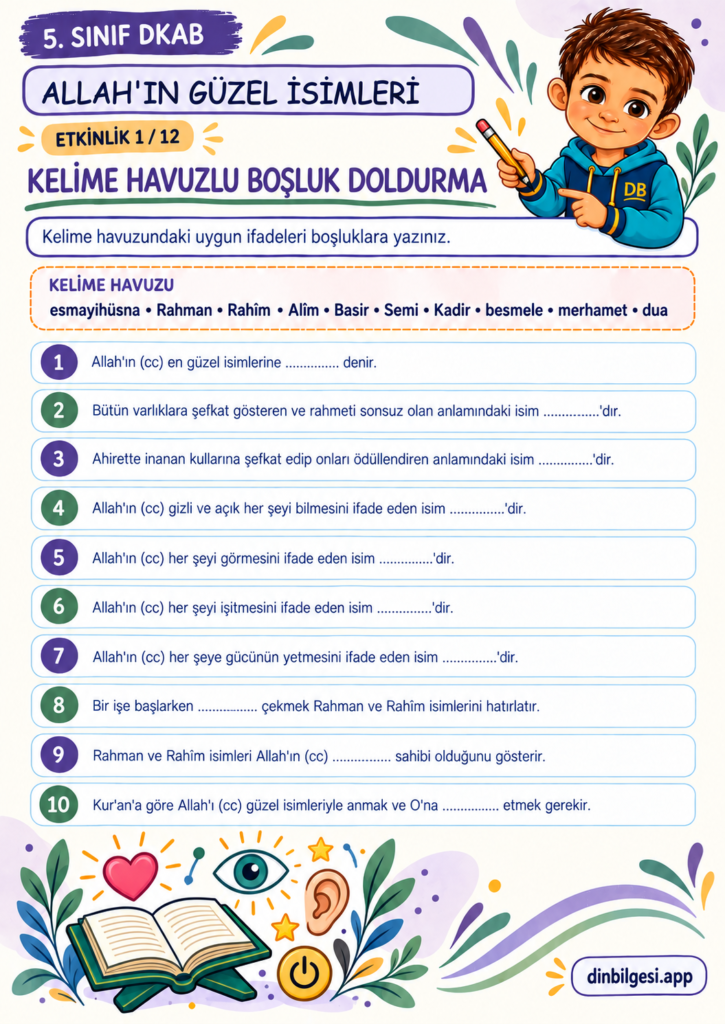 Allah’ın Güzel İsimleri – Kelime Havuzlu Boşluk Doldurma Çalışma Kağıdı – 5. Sınıf DKAB