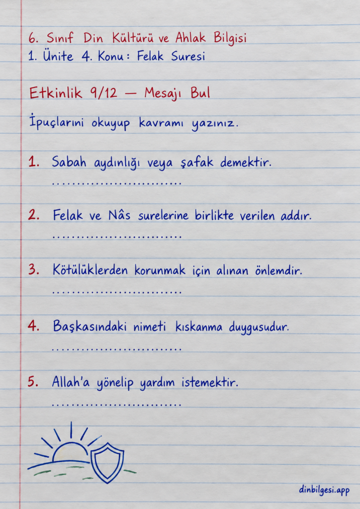 6. Sınıf Din Kültürü ve Ahlak Bilgisi – 1. Ünite Peygamber ve İlahi Kitap İnancı – 4. Konu Bir Sure Öğreniyorum: Felak Suresi Konu Özeti ve Etkinlik 9: Mesajı Bul