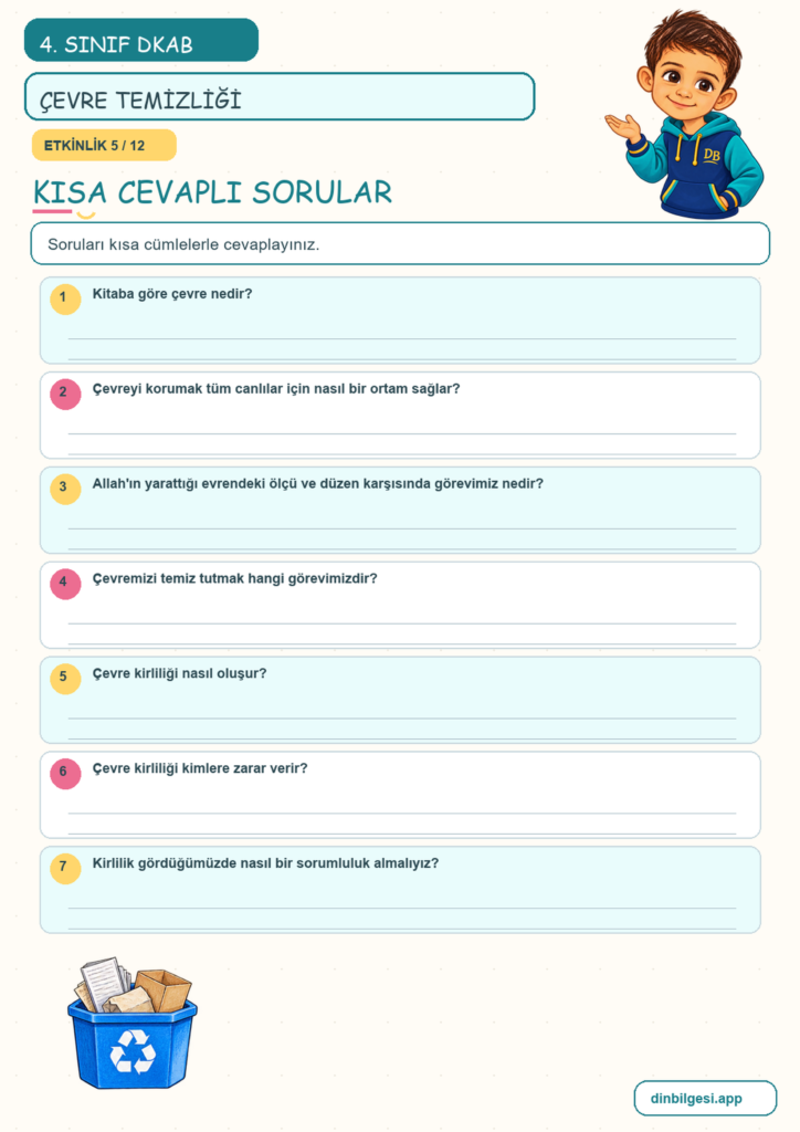 4. Sınıf Din Kültürü – 5. Ünite Din ve Temizlik – 4. Konu Çevremi Temiz Tutarım Konu Özeti ve Etkinlik 5