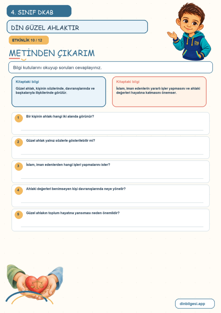 4. Sınıf Din Kültürü – 3. Ünite Güzel Ahlak – 1. Konu Din Güzel Ahlaktır Konu Özeti ve Etkinlik 10