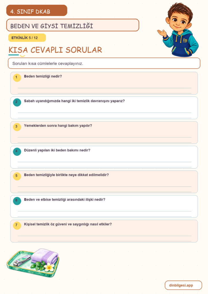 4. Sınıf Din Kültürü – 5. Ünite Din ve Temizlik – 2. Konu Bedenimi ve Giysilerimi Temiz Tutarım Konu Özeti ve Etkinlik 5