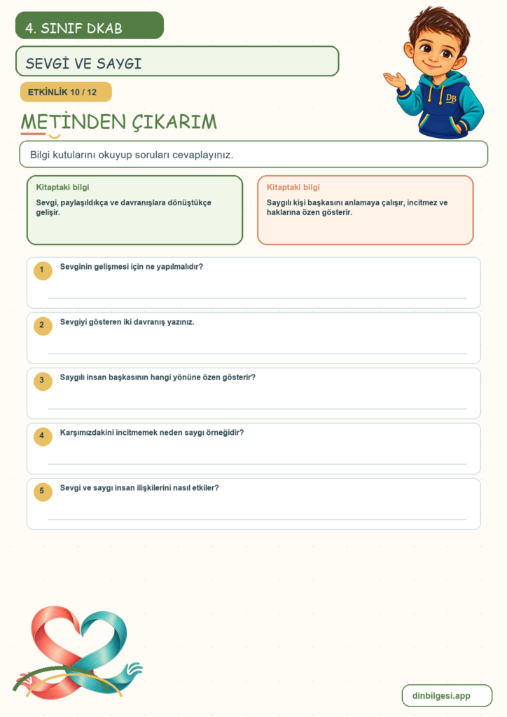 4. Sınıf Din Kültürü – 3. Ünite Güzel Ahlak – 2. Konu İnsani İlişkilerin Temeli: Sevgi ve Saygı Konu Özeti ve Etkinlik 10