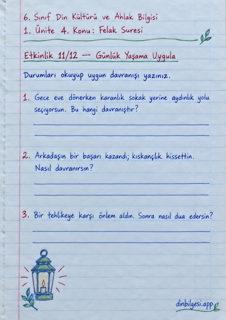 6. Sınıf Din Kültürü ve Ahlak Bilgisi – 1. Ünite Peygamber ve İlahi Kitap İnancı – 4. Konu Bir Sure Öğreniyorum: Felak Suresi Konu Özeti ve Etkinlik 11: Günlük Yaşama Uygula