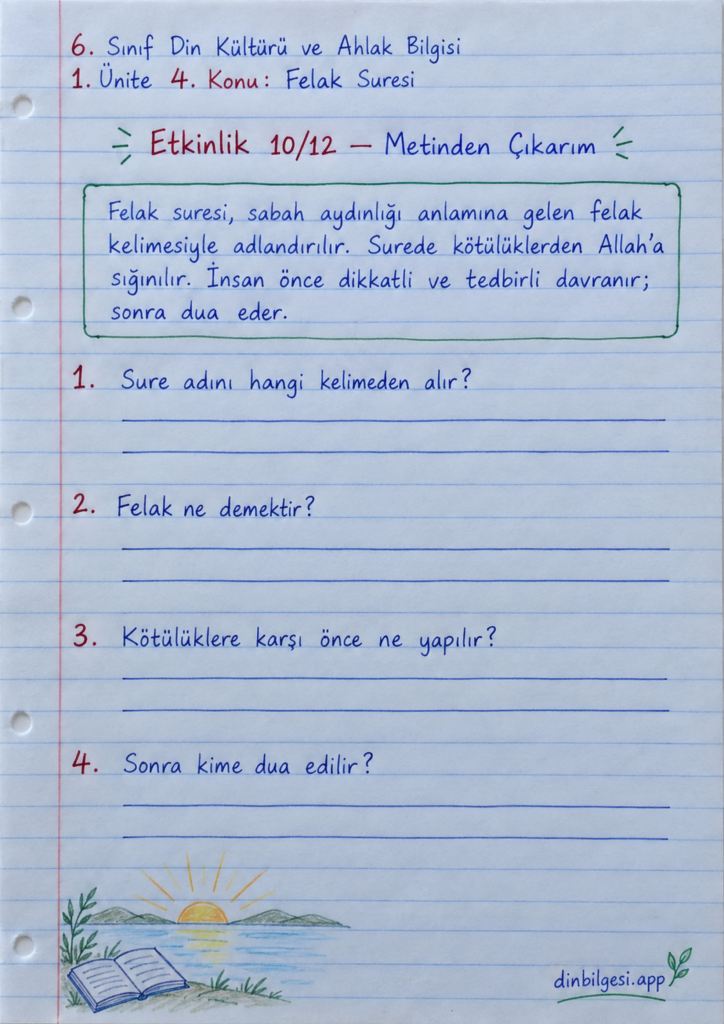 6. Sınıf Din Kültürü ve Ahlak Bilgisi – 1. Ünite Peygamber ve İlahi Kitap İnancı – 4. Konu Bir Sure Öğreniyorum: Felak Suresi Konu Özeti ve Etkinlik 10: Metinden Çıkarım