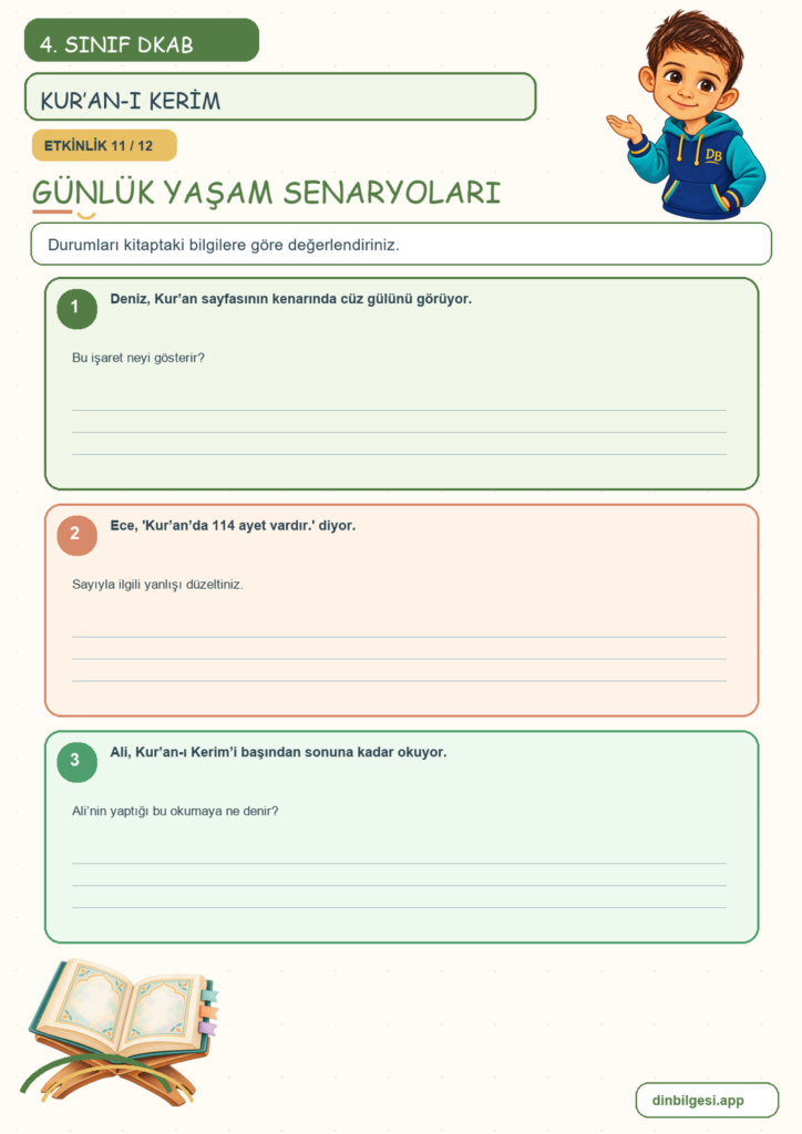 4. Sınıf Din Kültürü – 2. Ünite İslam’ı Tanıyalım – 3. Konu Kur’an-ı Kerim Konu Özeti ve Etkinlik 11