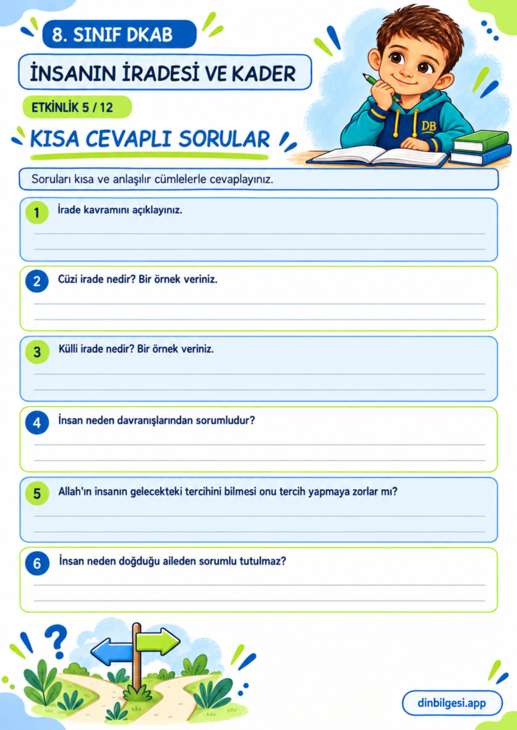 8. Sınıf Din Kültürü – 1. Ünite Kader İnancı – 2. Konu İnsanın İradesi ve Kader – Etkinlik 05: Kısa Cevaplı Sorular