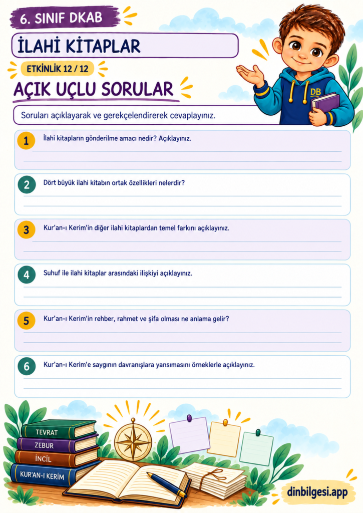 İlahi Kitaplar – Açık Uçlu Sorular Çalışma Kağıdı – 6. Sınıf DKAB