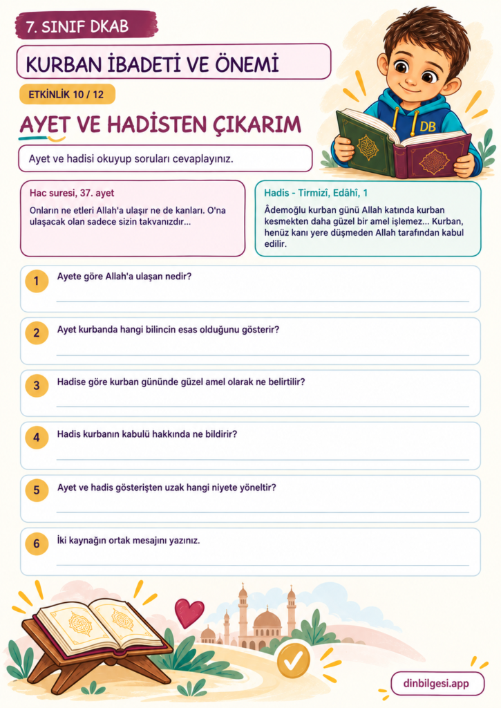 Kurban İbadeti ve Önemi – Ayet ve Hadisten Çıkarım Çalışma Kağıdı – 7. Sınıf DKAB