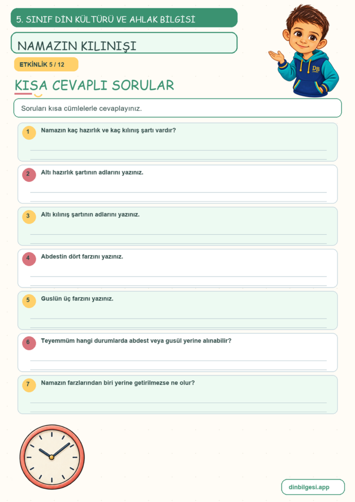 5. Sınıf Din Kültürü ve Ahlak Bilgisi – 2. Ünite Namaz – 2. Konu Namazın Kılınışı Konu Özeti ve Etkinlik 5