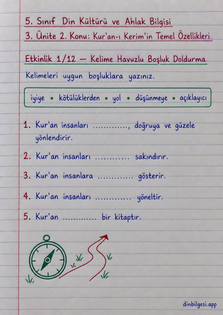5. Sınıf Din Kültürü ve Ahlak Bilgisi – 3. Ünite Kur’an-ı Kerim – 2. Konu Kur’an-ı Kerim’in Temel Özellikleri – Etkinlik 1: Kelime Havuzlu Boşluk Doldurma
