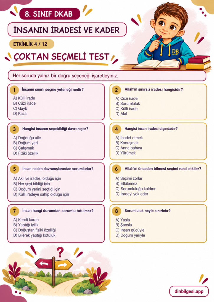 8. Sınıf Din Kültürü – 1. Ünite Kader İnancı – 2. Konu İnsanın İradesi ve Kader – Etkinlik 04: Çoktan Seçmeli Test