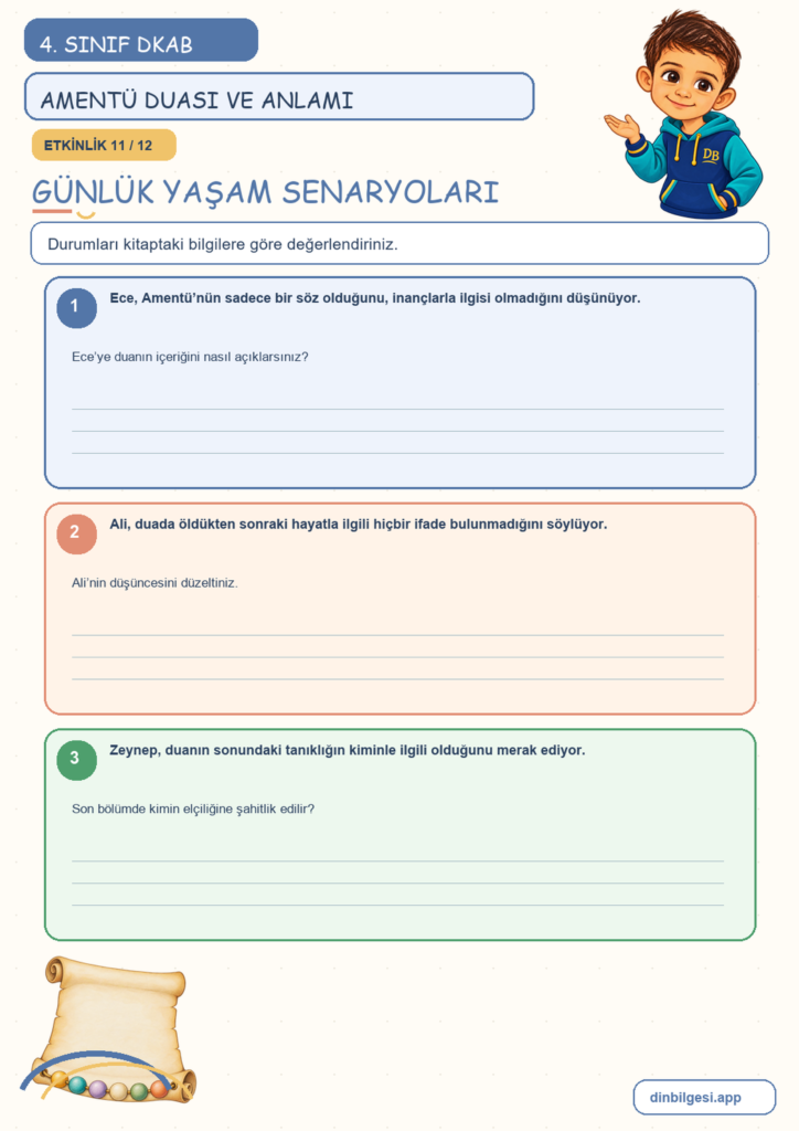 4. Sınıf Din Kültürü – 2. Ünite İslam’ı Tanıyalım – 4. Konu Bir Dua Tanıyorum: Amentü Duası ve Anlamı Konu Özeti ve Etkinlik 11