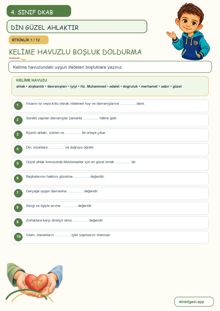 4. Sınıf Din Kültürü – 3. Ünite Güzel Ahlak – 1. Konu Din Güzel Ahlaktır Konu Özeti ve Etkinlik 1