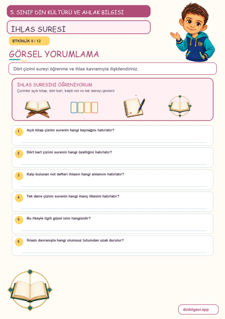 5. Sınıf Din Kültürü ve Ahlak Bilgisi – 1. Ünite Allah İnancı – 4. Konu Bir Sure Öğreniyorum: İhlas Suresi Konu Özeti ve Etkinlik 9