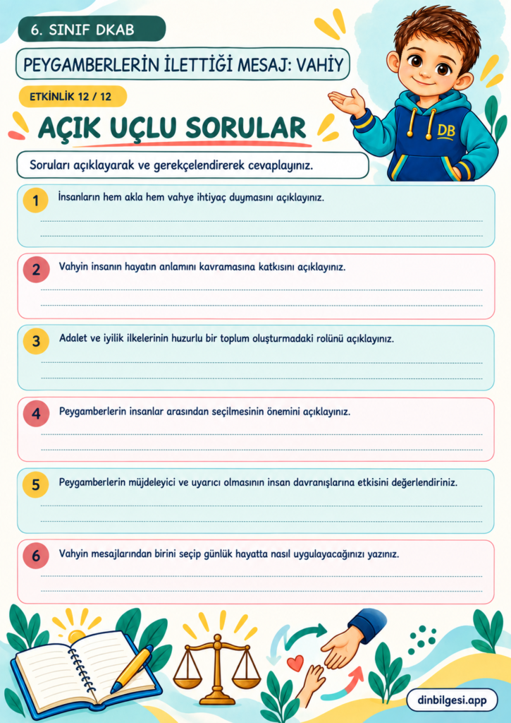 Peygamberlerin İlettiği Mesaj: Vahiy – Açık Uçlu Sorular Çalışma Kağıdı – 6. Sınıf DKAB