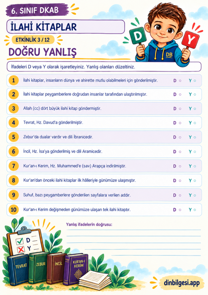 İlahi Kitaplar – Doğru Yanlış Çalışma Kağıdı – 6. Sınıf DKAB