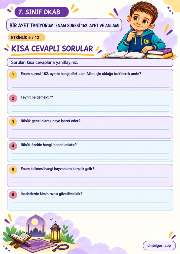 7. Sınıf Din Kültürü – 2. Ünite Hac ve Kurban – 6. Konu Bir Ayet Tanıyorum: Enam Suresi 162. Ayet ve Anlamı – Etkinlik 05: Kısa Cevaplı Sorular
