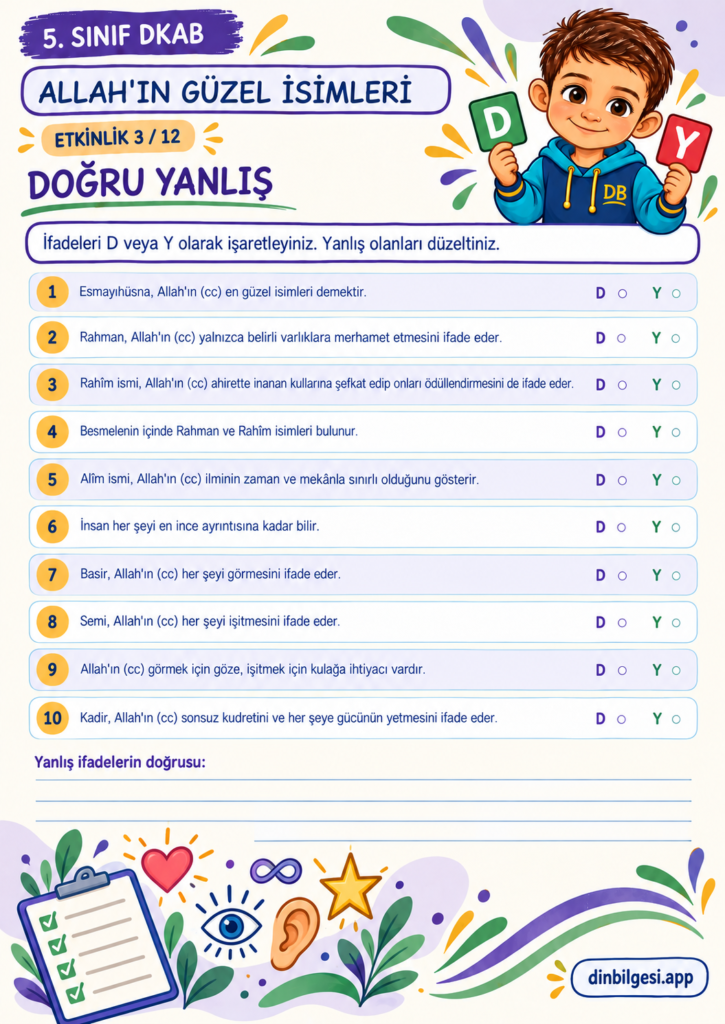 Allah’ın Güzel İsimleri – Doğru Yanlış Çalışma Kağıdı – 5. Sınıf DKAB
