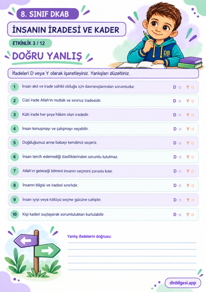 8. Sınıf Din Kültürü – 1. Ünite Kader İnancı – 2. Konu İnsanın İradesi ve Kader – Etkinlik 03: Doğru Yanlış