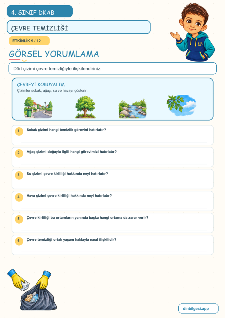 4. Sınıf Din Kültürü – 5. Ünite Din ve Temizlik – 4. Konu Çevremi Temiz Tutarım Konu Özeti ve Etkinlik 9
