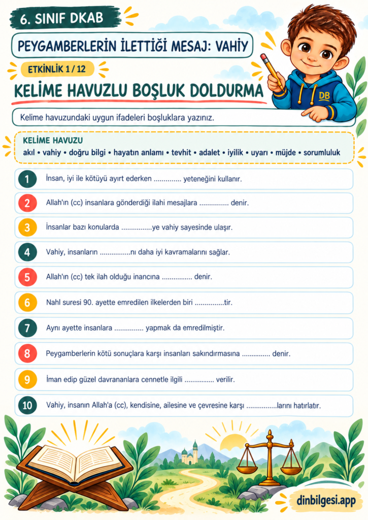 Peygamberlerin İlettiği Mesaj: Vahiy – Kelime Havuzlu Boşluk Doldurma Çalışma Kağıdı – 6. Sınıf DKAB