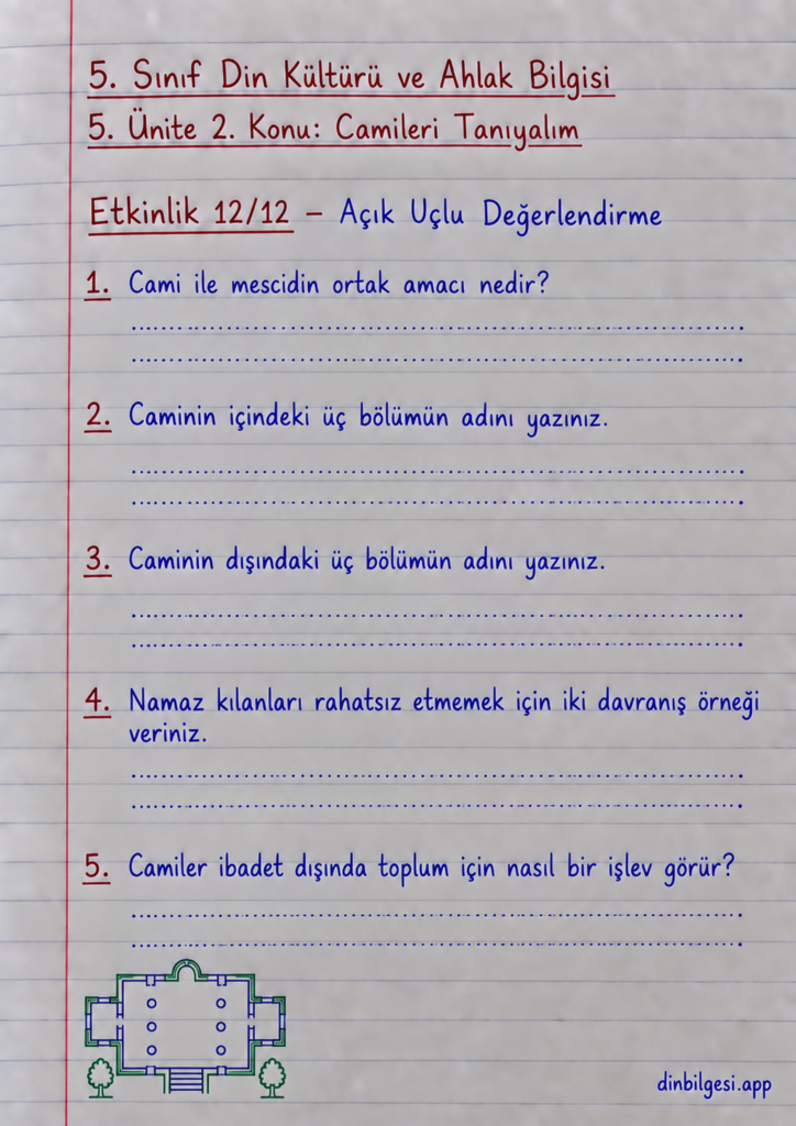 5. Sınıf Din Kültürü ve Ahlak Bilgisi – 5. Ünite Mimarimizde Dinî Motifler – 2. Konu Camileri Tanıyalım – Etkinlik 12: Açık Uçlu Değerlendirme