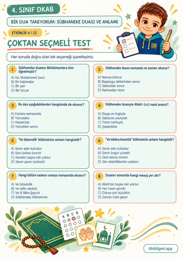 Bir Dua Tanıyorum: Sübhaneke Duası ve Anlamı – Çoktan Seçmeli Test Çalışma Kağıdı – 4. Sınıf DKAB