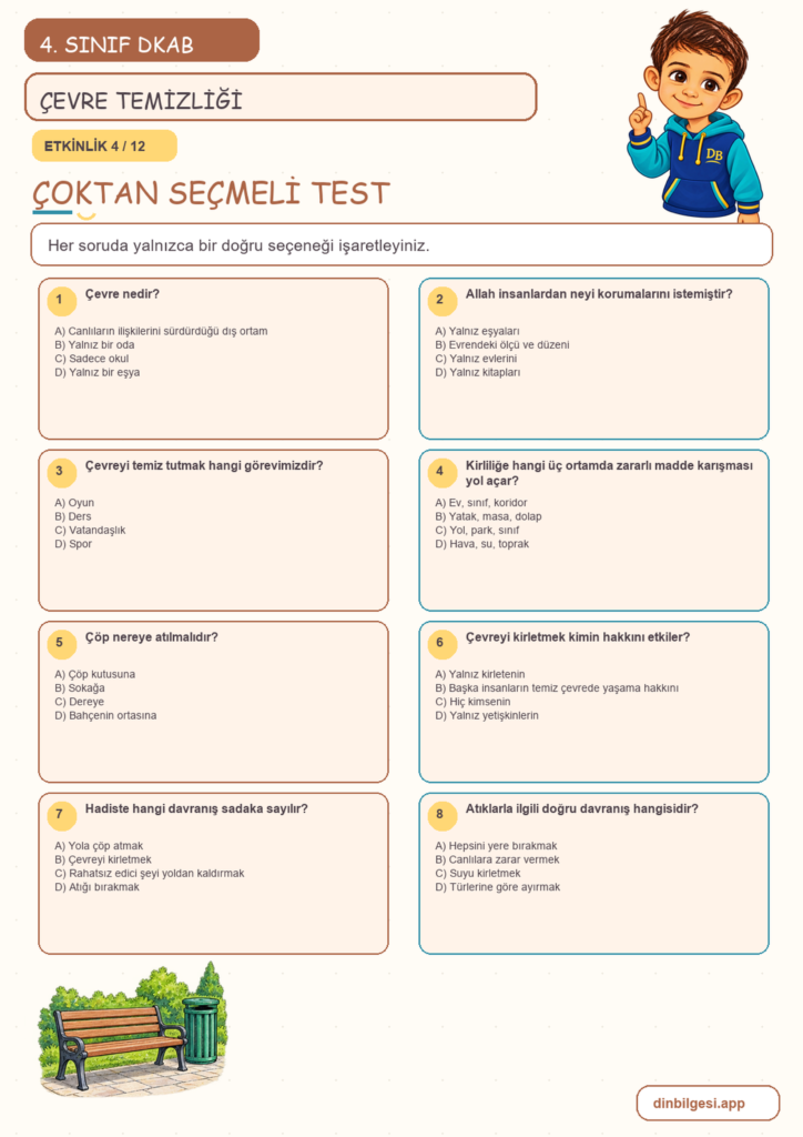 4. Sınıf Din Kültürü – 5. Ünite Din ve Temizlik – 4. Konu Çevremi Temiz Tutarım Konu Özeti ve Etkinlik 4