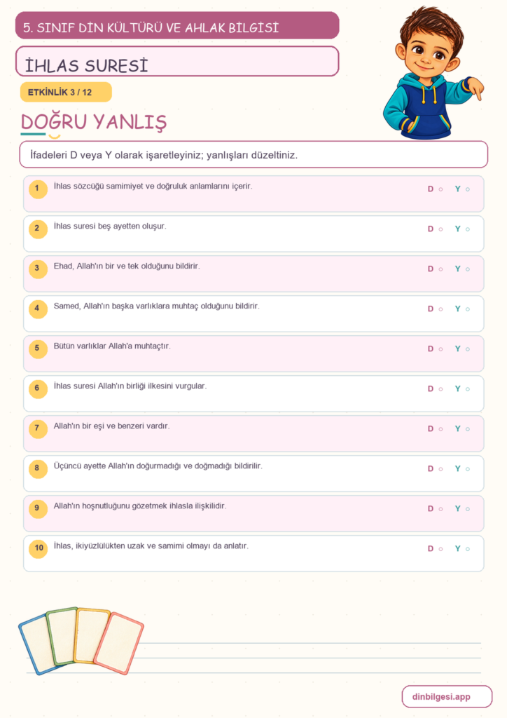 5. Sınıf Din Kültürü ve Ahlak Bilgisi – 1. Ünite Allah İnancı – 4. Konu Bir Sure Öğreniyorum: İhlas Suresi Konu Özeti ve Etkinlik 3