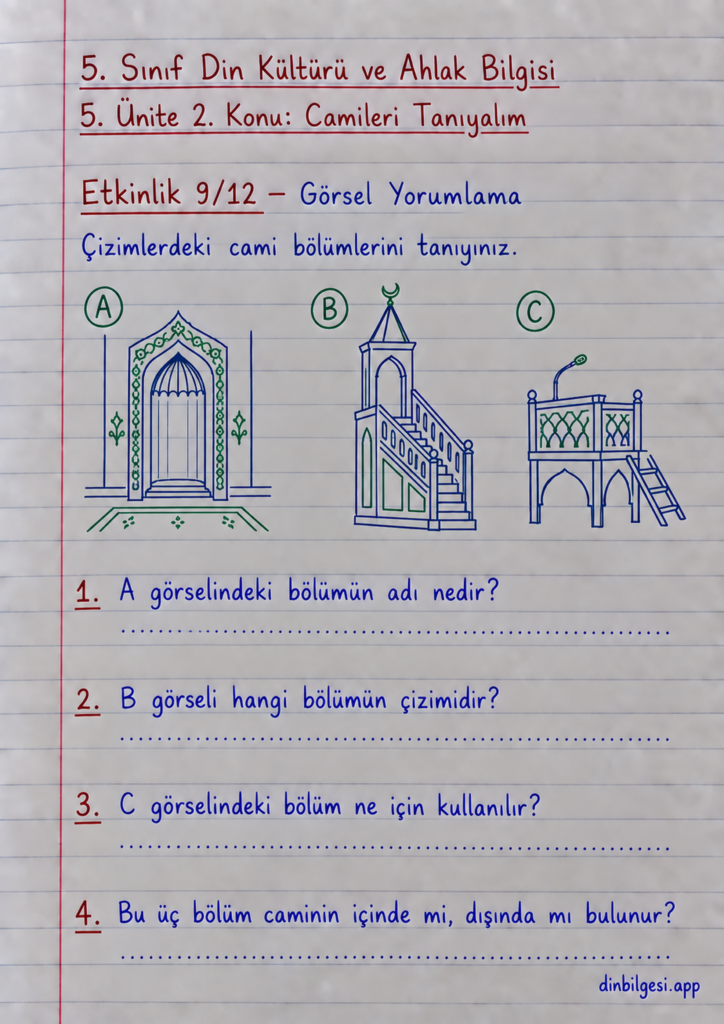 5. Sınıf Din Kültürü ve Ahlak Bilgisi – 5. Ünite Mimarimizde Dinî Motifler – 2. Konu Camileri Tanıyalım – Etkinlik 9: Görsel Yorumlama