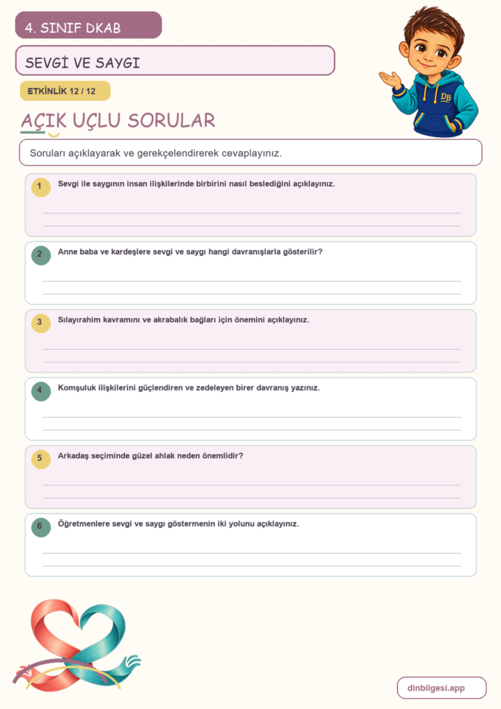 4. Sınıf Din Kültürü – 3. Ünite Güzel Ahlak – 2. Konu İnsani İlişkilerin Temeli: Sevgi ve Saygı Konu Özeti ve Etkinlik 12