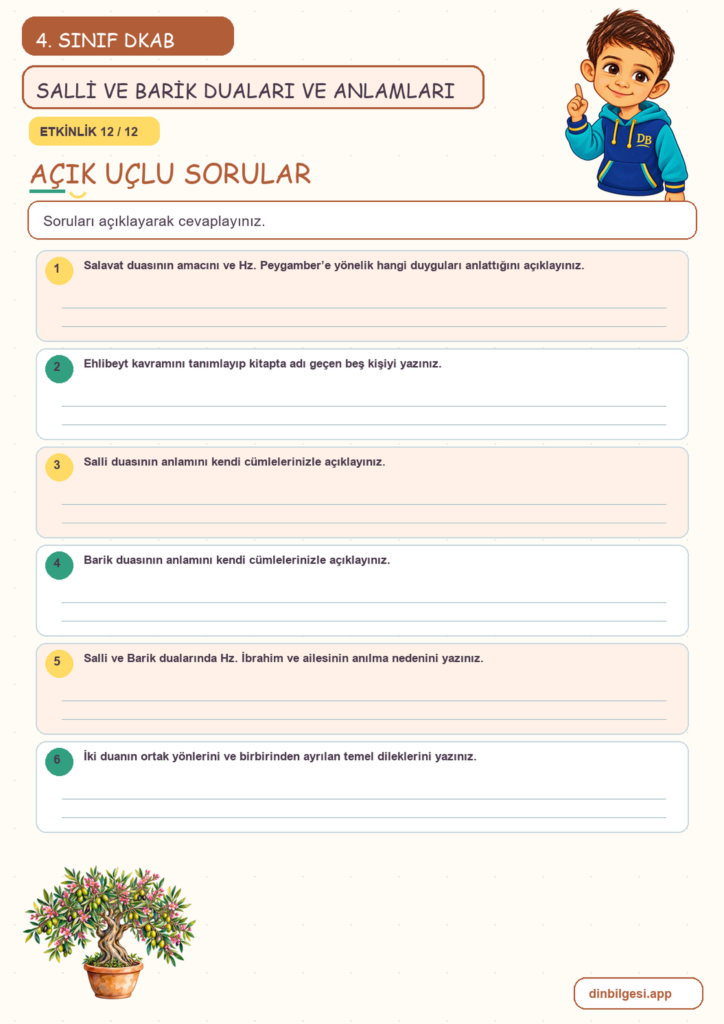 4. Sınıf Din Kültürü – 4. Ünite Hz. Muhammed’i Tanıyalım – 5. Konu Bir Dua Tanıyorum: Salli ve Barik Duaları ve Anlamları Konu Özeti ve Etkinlik 12