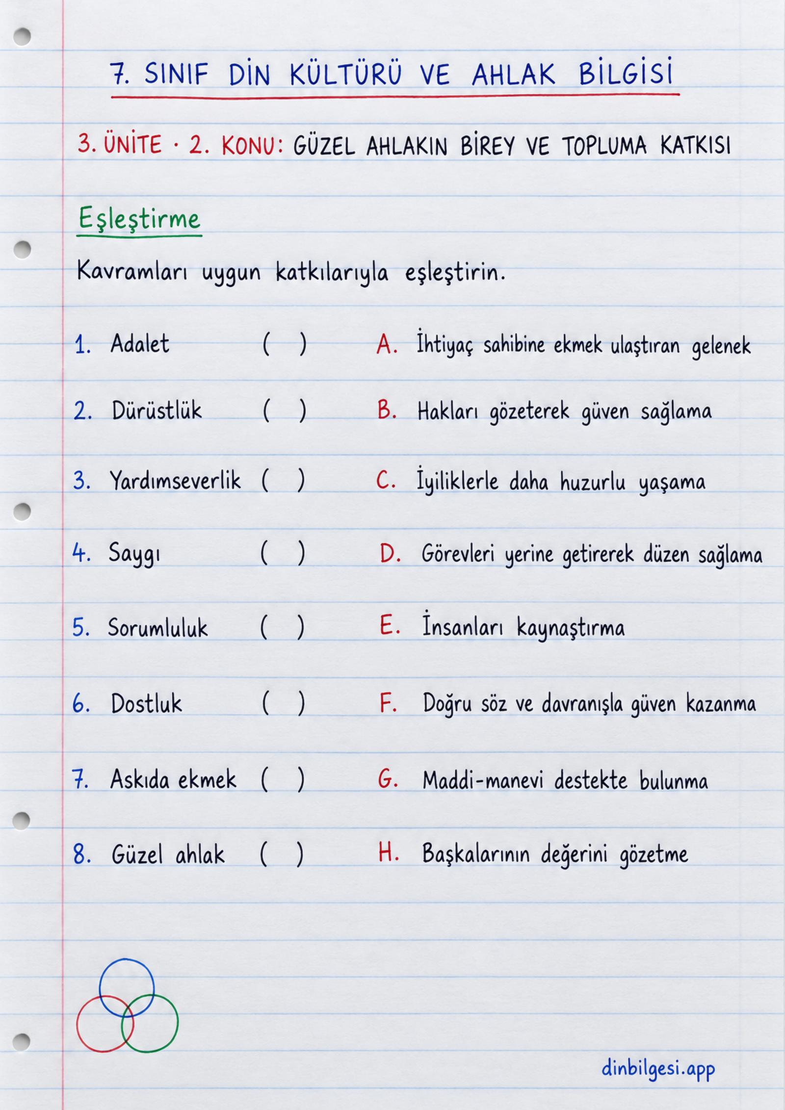 7. Sınıf Din Kültürü ve Ahlak Bilgisi – 3. Ünite Ahlaki Davranışlar – 2. Konu Güzel Ahlakın Birey ve Topluma Katkısı Konu Özeti ve Etkinlik 2: Eşleştirme