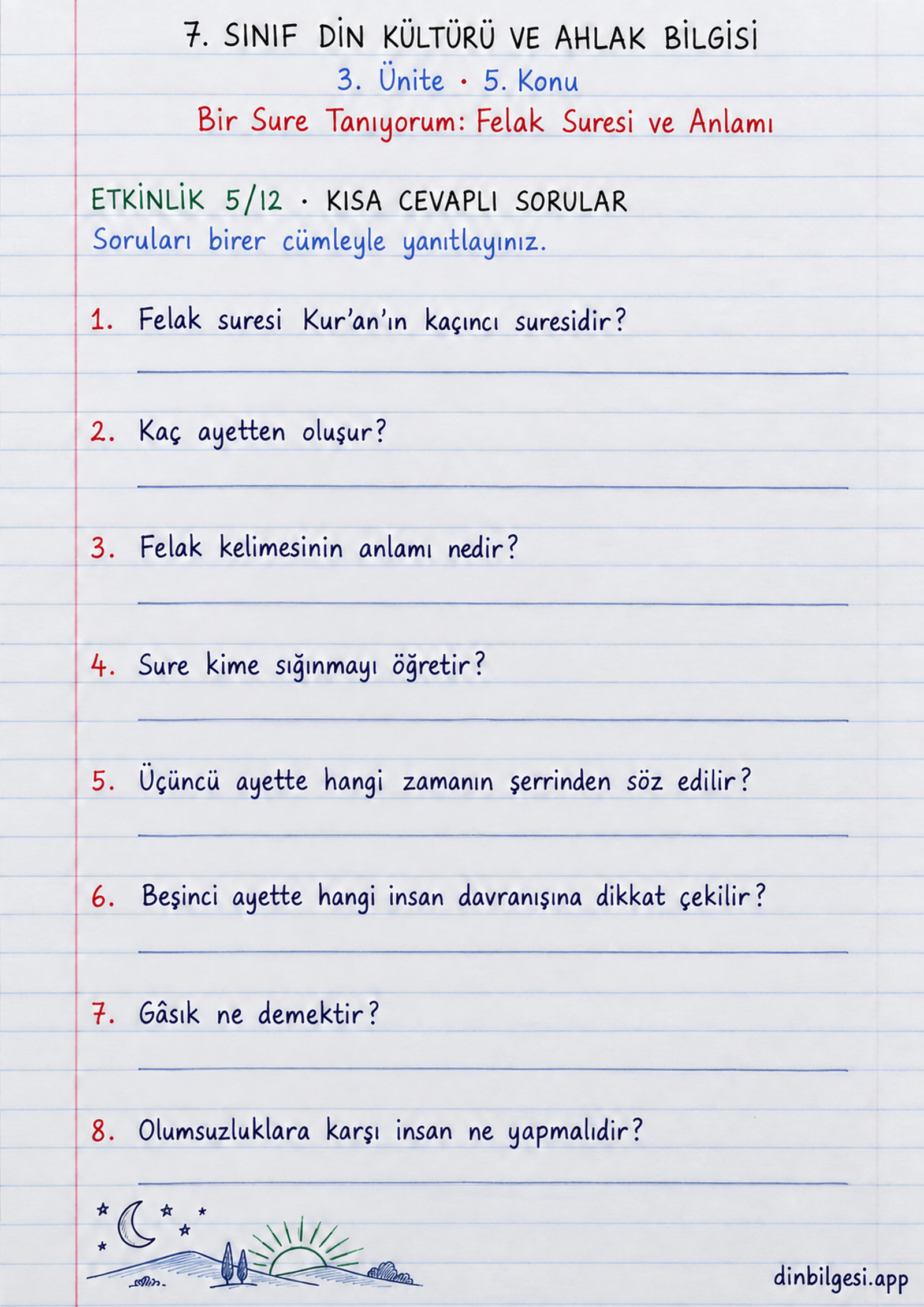 7. Sınıf Din Kültürü ve Ahlak Bilgisi – 3. Ünite Ahlaki Davranışlar – 5. Konu Bir Sure Tanıyorum: Felak Suresi ve Anlamı Konu Özeti ve Etkinlik 5: Kısa Cevaplı Sorular