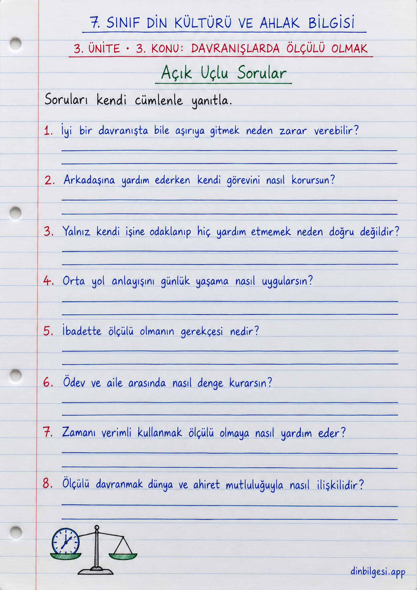 7. Sınıf Din Kültürü ve Ahlak Bilgisi – 3. Ünite Ahlaki Davranışlar – 3. Konu Davranışlarda Ölçülü Olmak Konu Özeti ve Etkinlik 12: Açık Uçlu Sorular
